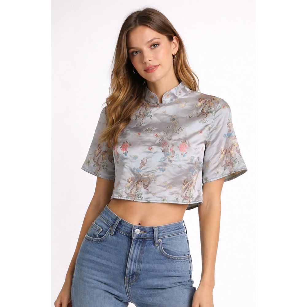 Reclaimed Vintage Silver Satin Dragon Phoenix Embroidered Tie Back Crop Top